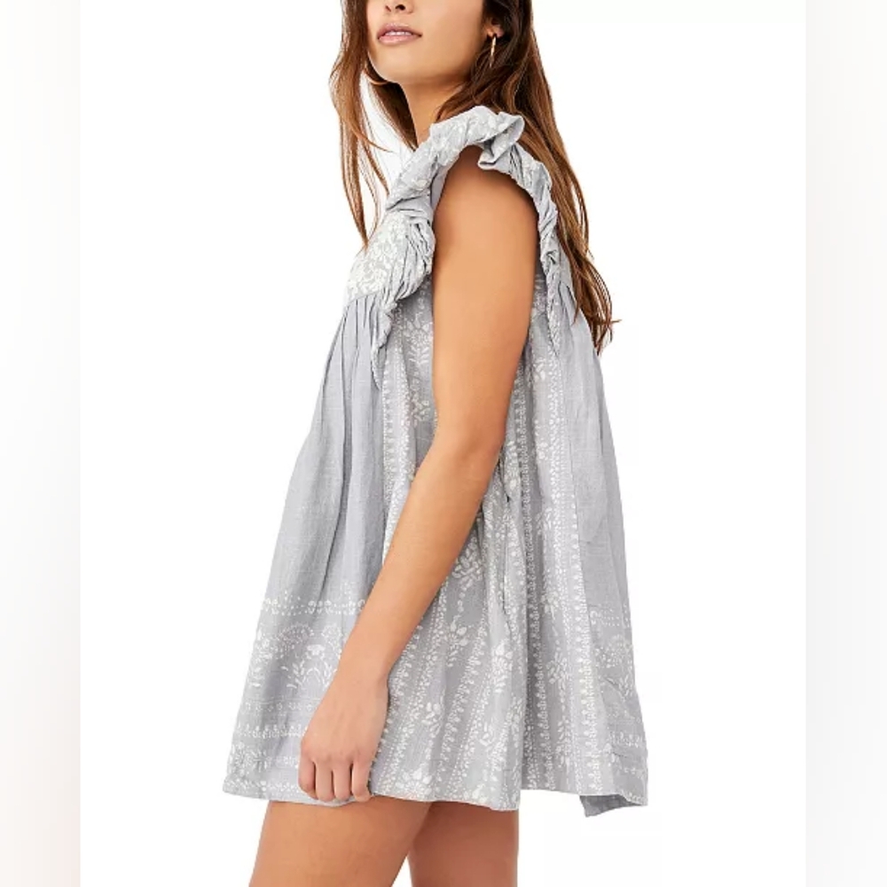 Free People Light Gray Printed Ruffle-Shoulder Mini Dress
